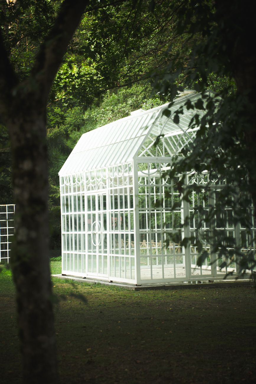 Modern glass greenhouse surrounded by landscaped garden
